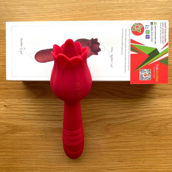 Máy Rung Thụt 2 Đầu Hình Hoa Hồng – Dương Vật Giả Kèm Lưỡi Liếm & Chày Massage