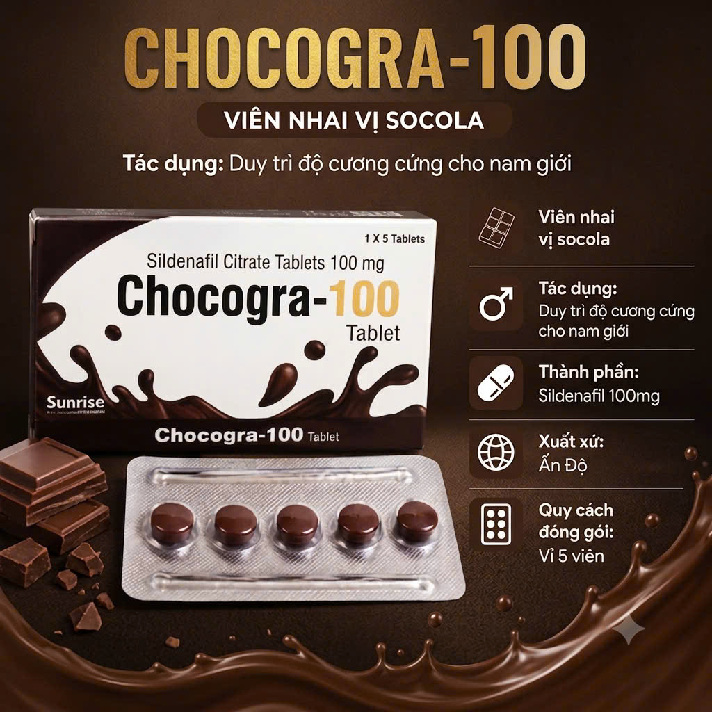 Kẹo Nhai Socola Cương Dương Chocogra 100mg Sunrise Ấn Độ Chính Hãng